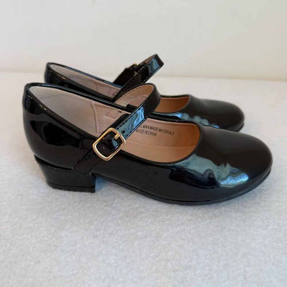 Girls Black Patent Mary Jane Dress Shoes Size 9 US 27 EU Gold Buckle Formal